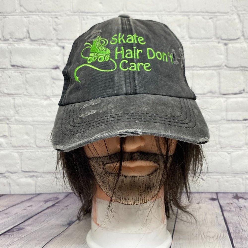 Pony Tail Hat Cap Strap Back Gray Distressed Skate Hair Don't Care Embroidered